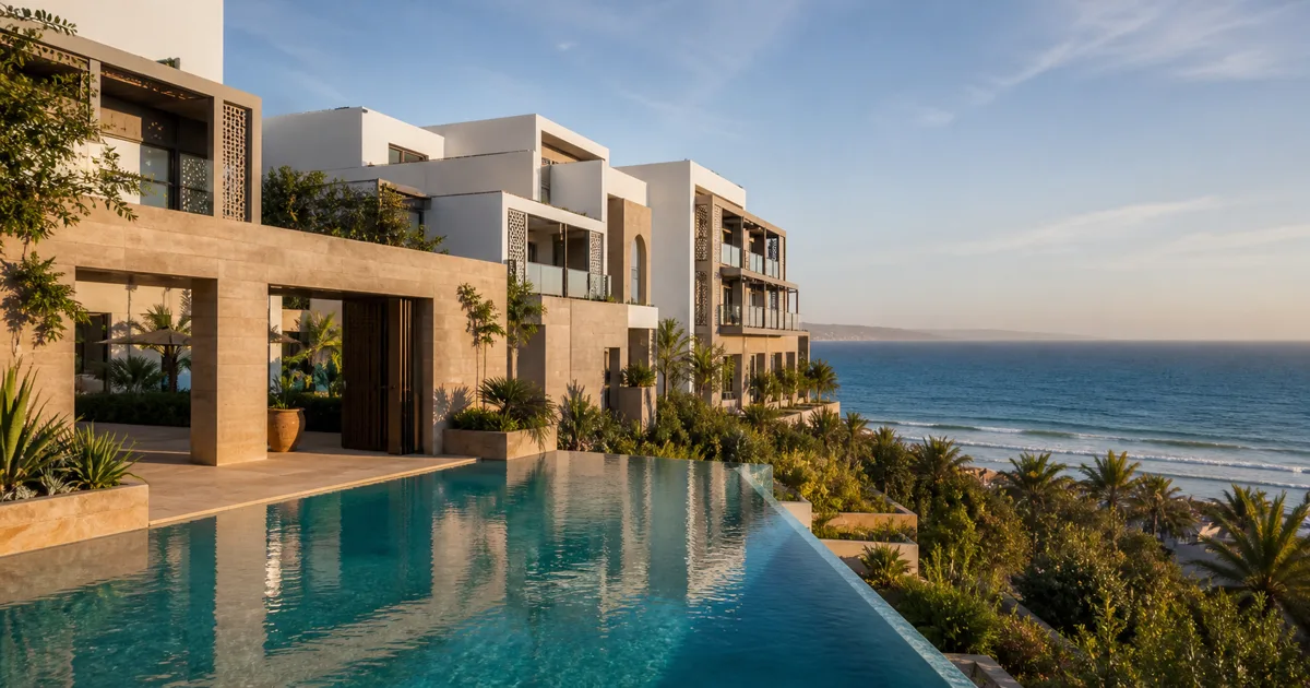 Render arquitectónico del futuro hotel de 4 estrellas de la Fundación Mohammed VI en Agadir Founty, con terrazas frente al océano Atlántico y patio andalusí
