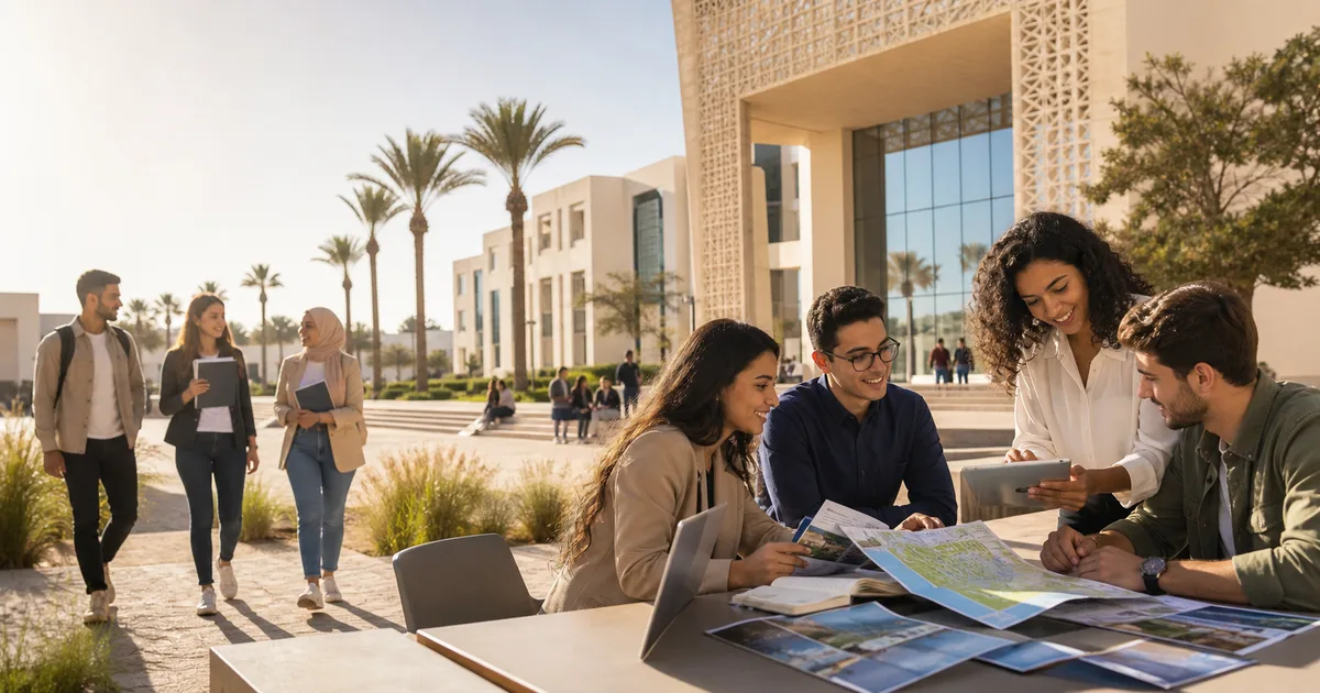 Campus de l'Université Ibn Zohr à Agadir, avec en arrière-plan la baie et la promenade, illustrant le cadre du Master Marketing et Management Touristique