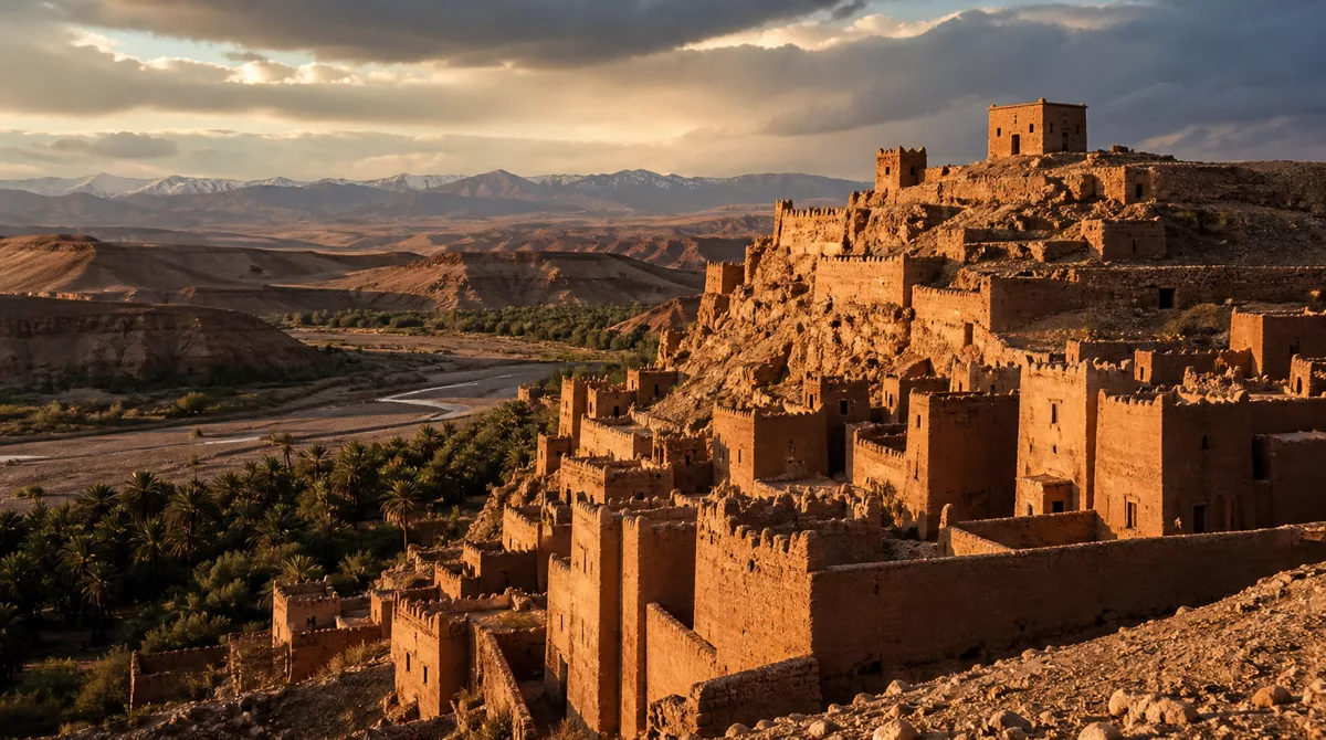 Aït Benhaddou earthen ksar towers against a dramatic sky with the Ounila valley and Atlas mountains below