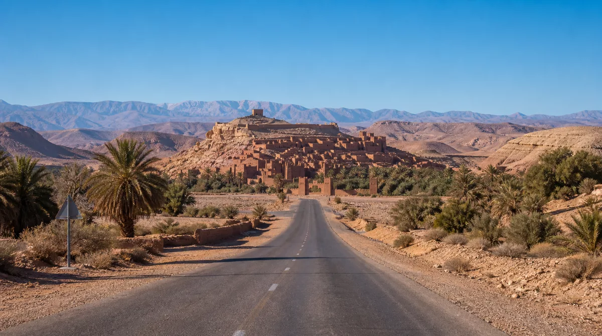 Desert road through the Ounila valley toward the earthen ksar of Aït Benhaddou on its hill with palm trees and Atlas mountains