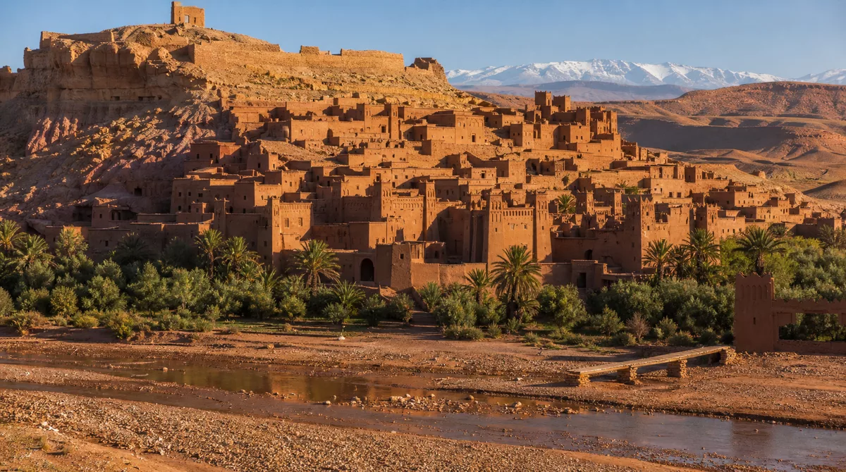 Aït Benhaddou UNESCO earthen ksar on a hill above the Ounila river with the High Atlas mountains behind