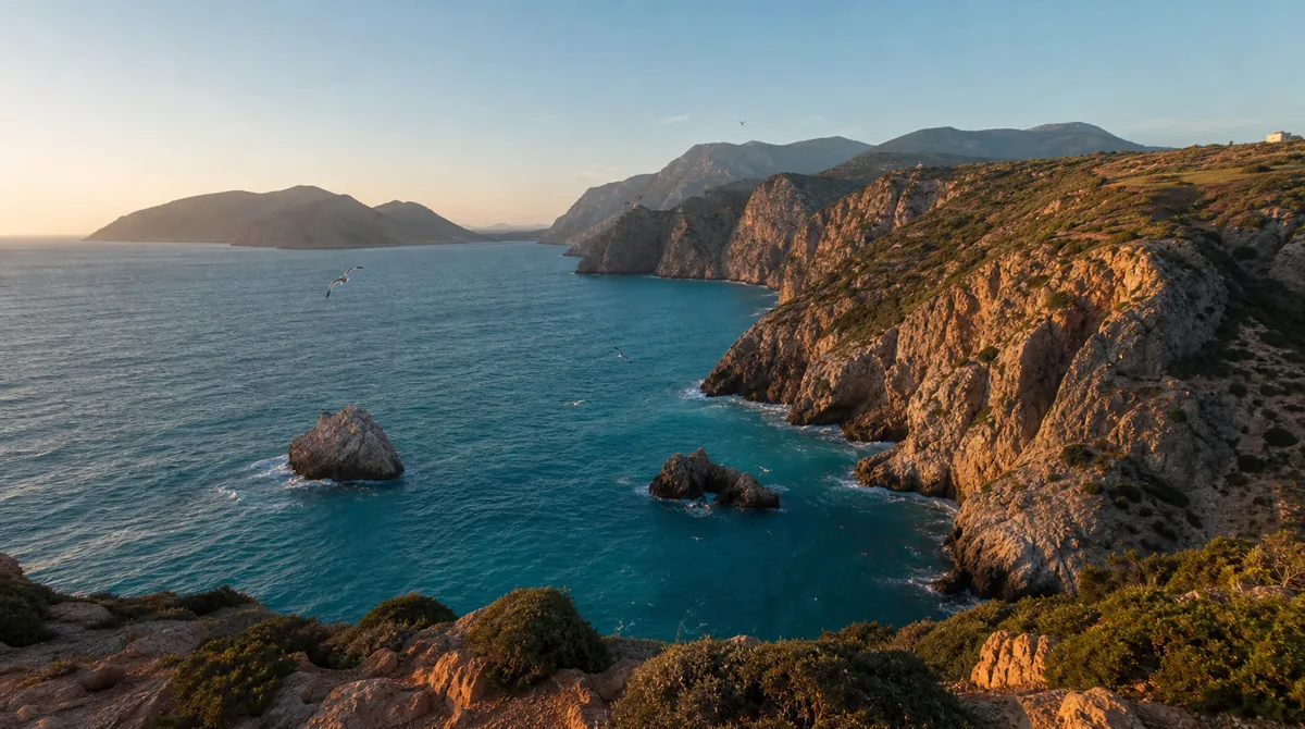 Rugged sea cliffs of Al Hoceima National Park with Mediterranean scrub and birds flying over turquoise water