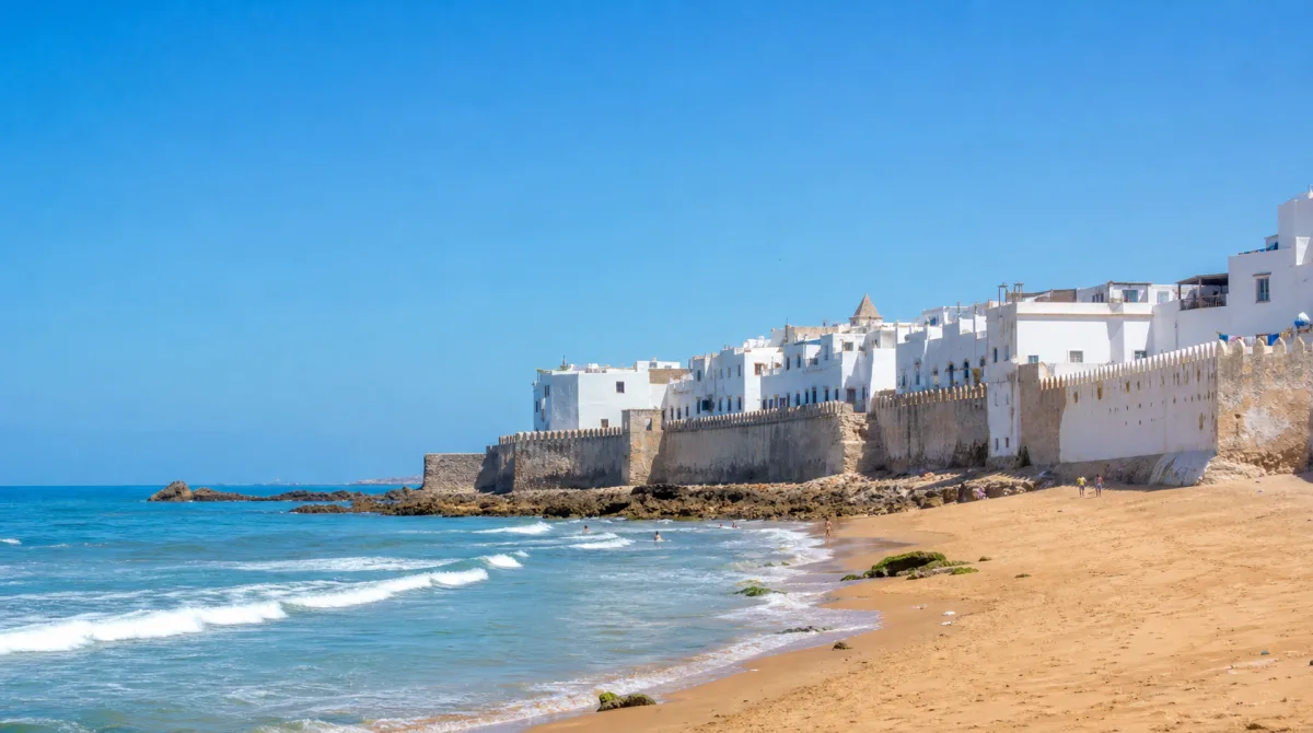 Wide Atlantic beach at Asilah Morocco with whitewashed town walls behind, gentle waves and blue sky