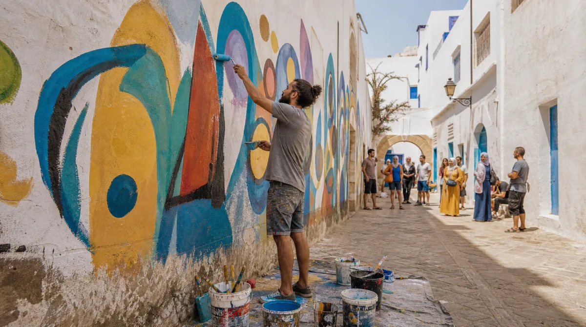 Artist painting a large colorful mural on a white wall in Asilah Morocco with paint buckets and summer light