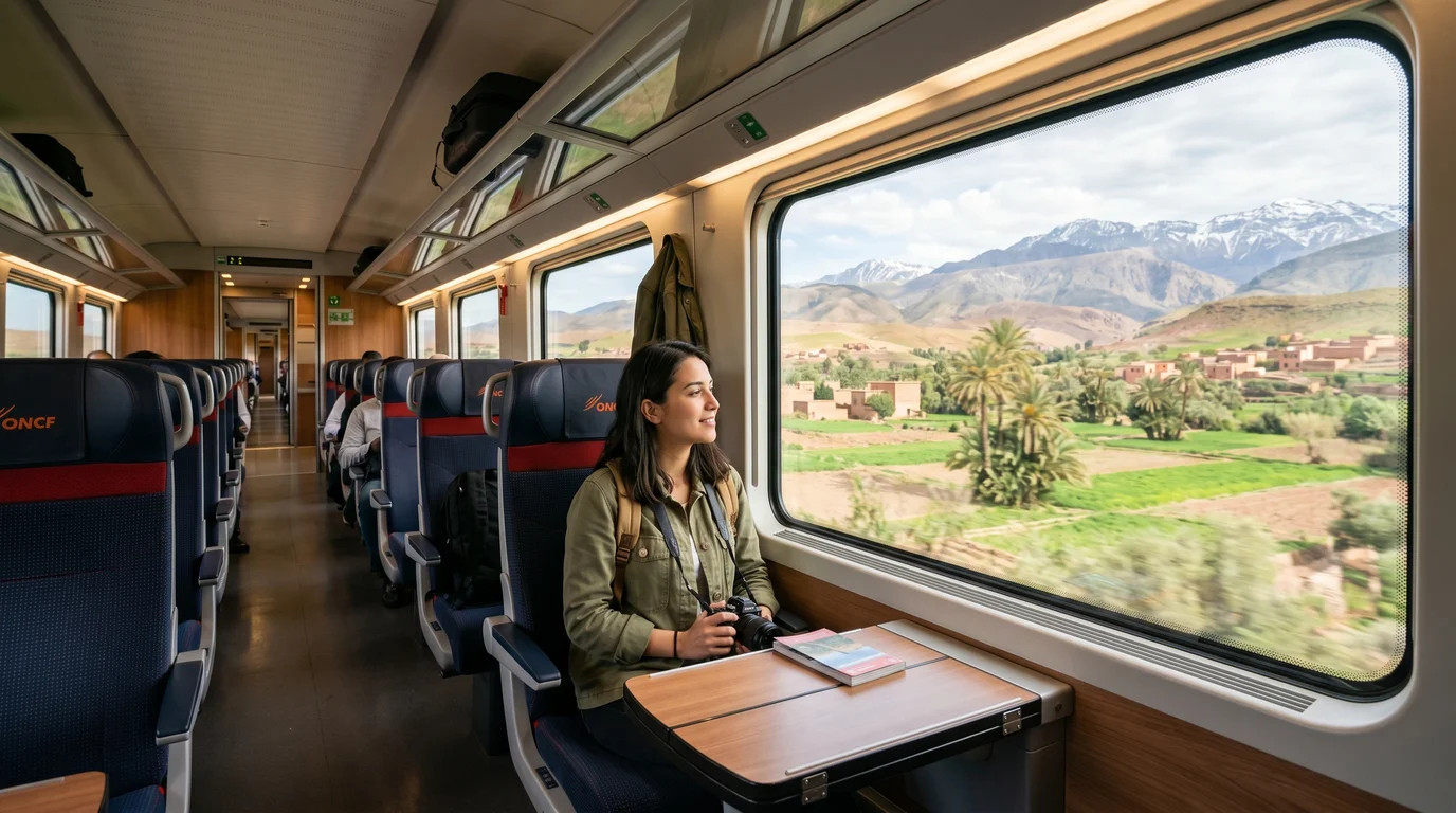 Al Bidaoui train between Casablanca and Marrakech showing ONCF first-class seats