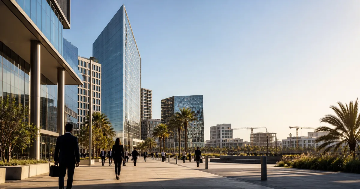 Tours de bureaux modernes de Casablanca Finance City et du quartier d'affaires de Casablanca vues en contre-plongée, illustrant la reprise du marché des bureaux en 2026