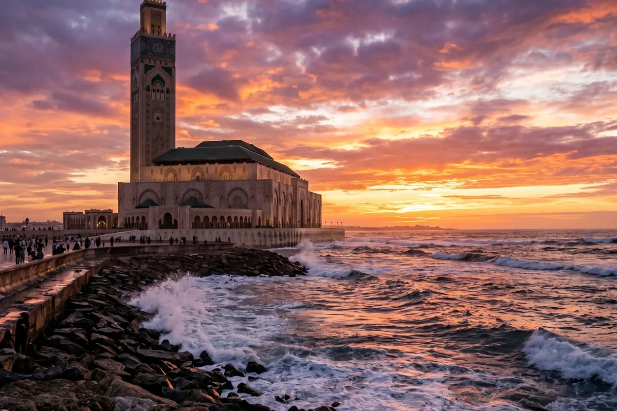 Mezquita Hassan II de Casablanca al atardecer, con su minarete de 210 metros elevándose sobre el océano Atlántico