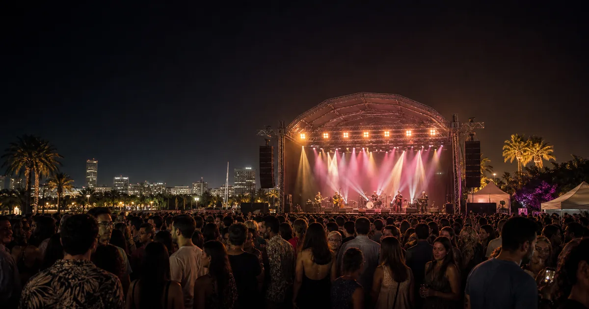 Scène nocturne du festival Jazzablanca à Anfa Park, Casablanca, avec lumières de concert et large public de festivaliers