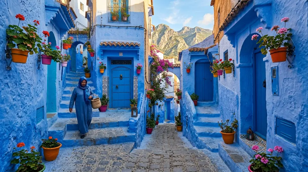 Chefchaouen Blue City medina blue alleyway with stairs in the Rif Mountains Morocco
