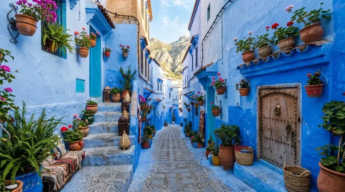 Chefchaouen Blue City view from Spanish Mosque with blue-painted houses cascading down the Rif Mountains at golden hour