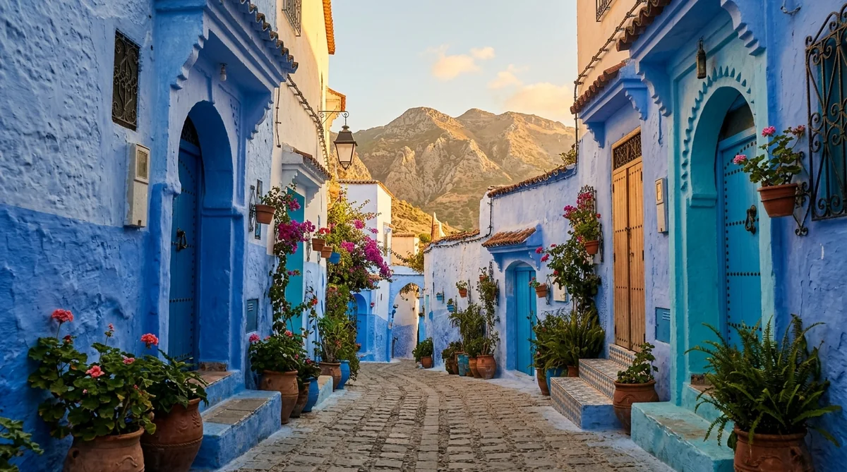 Calle azul de la medina de Chefchaouen con montañas al fondo al atardecer