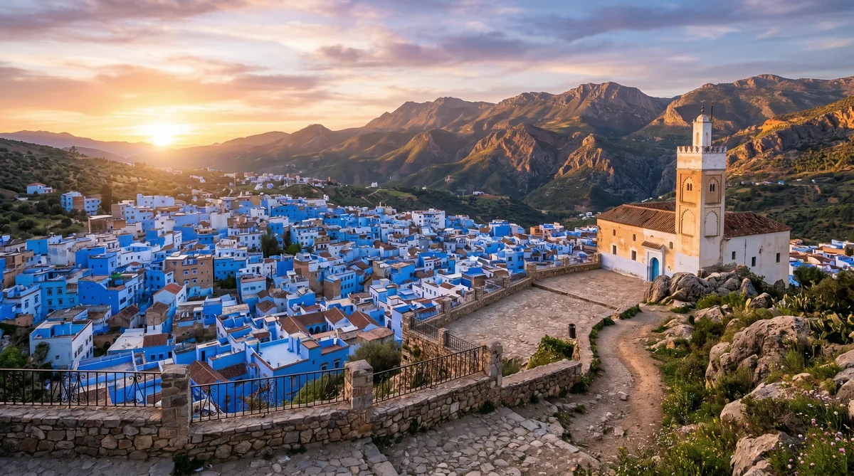 Chefchaouen Blue City from Spanish Mosque viewpoint at sunset with golden hour light over blue rooftops and Rif Mountains
