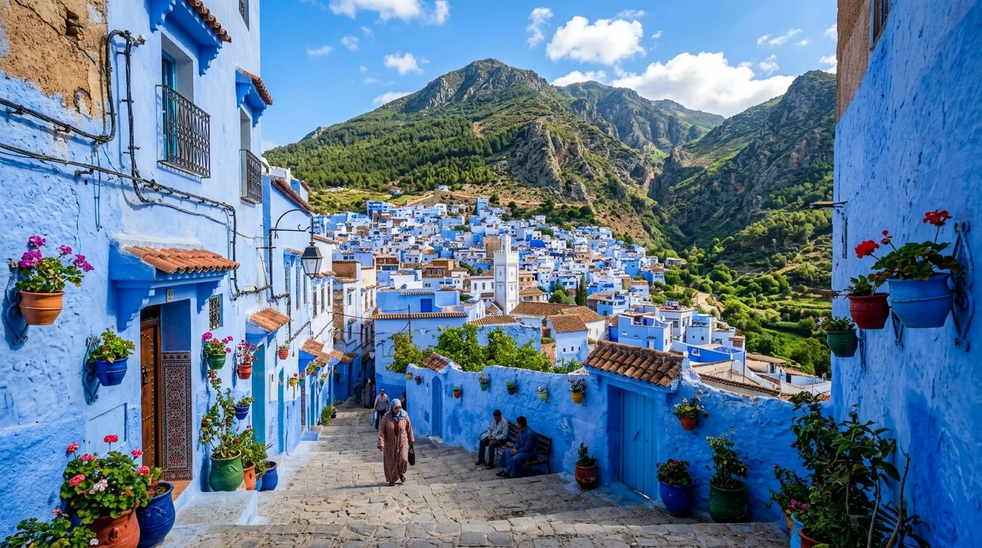 Blue-washed streets of Chefchaouen, Morocco's iconic mountain town, with the green Rif Mountains rising in the background