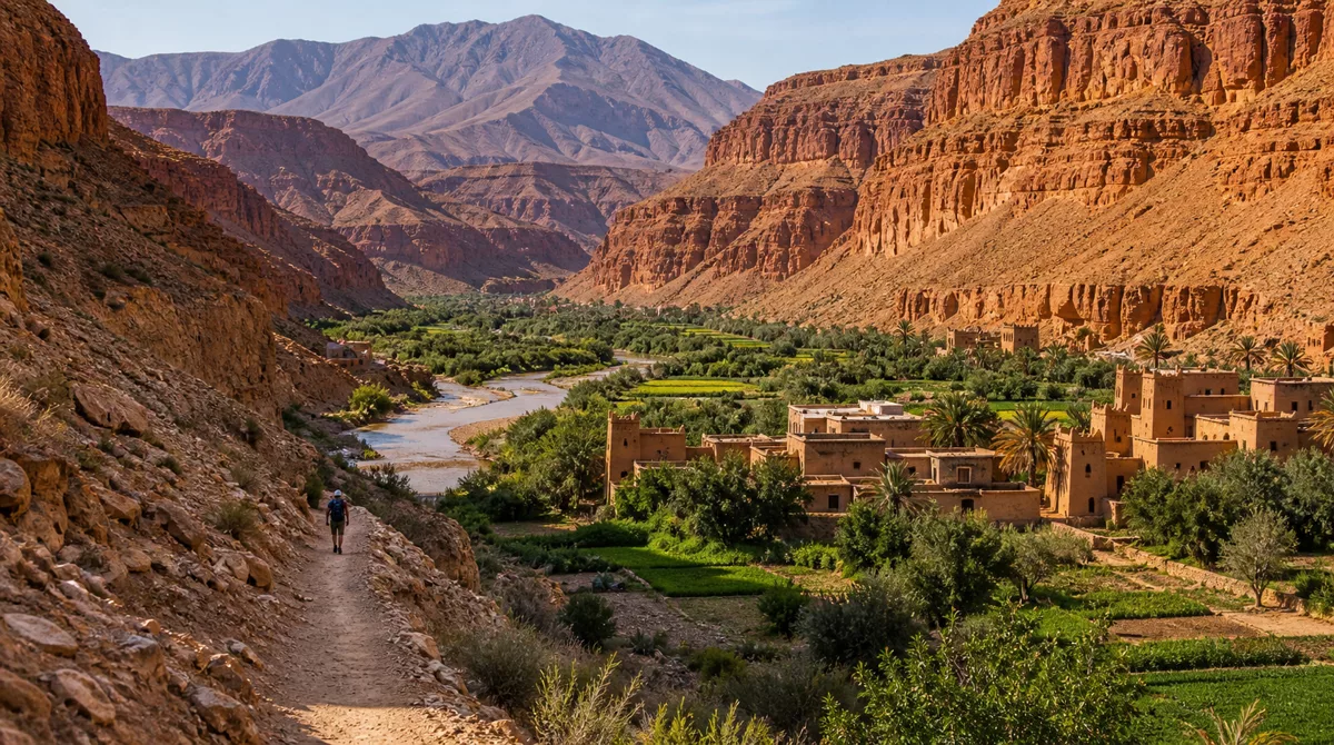 Hiking trail along the Dades river in Morocco between eroded rock walls with green fields and kasbahs below