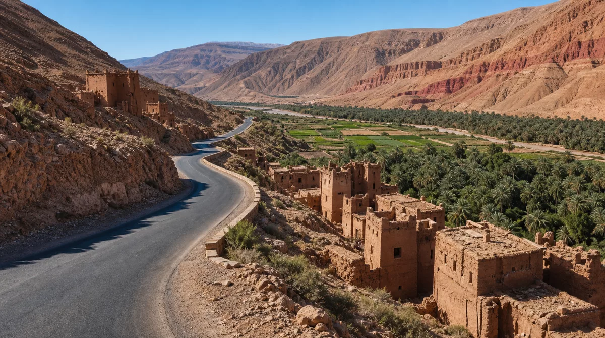 Scenic mountain road winding between the Dades valley rock formations and the Todra gorge approach in Morocco
