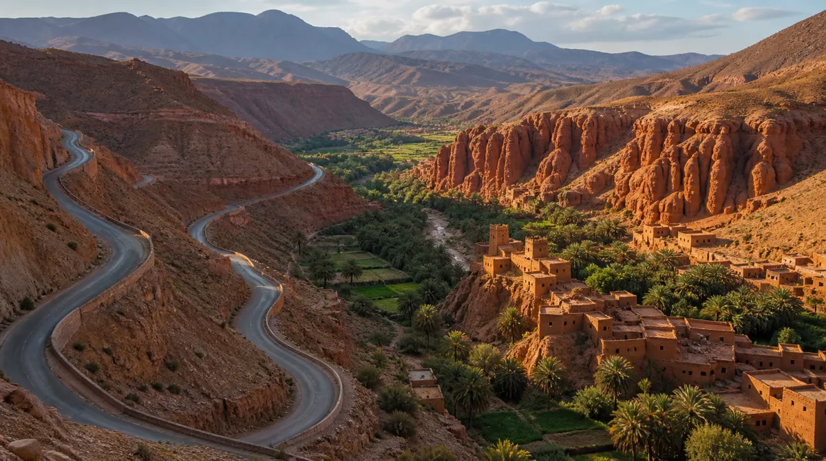 Winding Dades valley road in Morocco with eroded rock formations, earthen kasbahs and palm trees in golden light