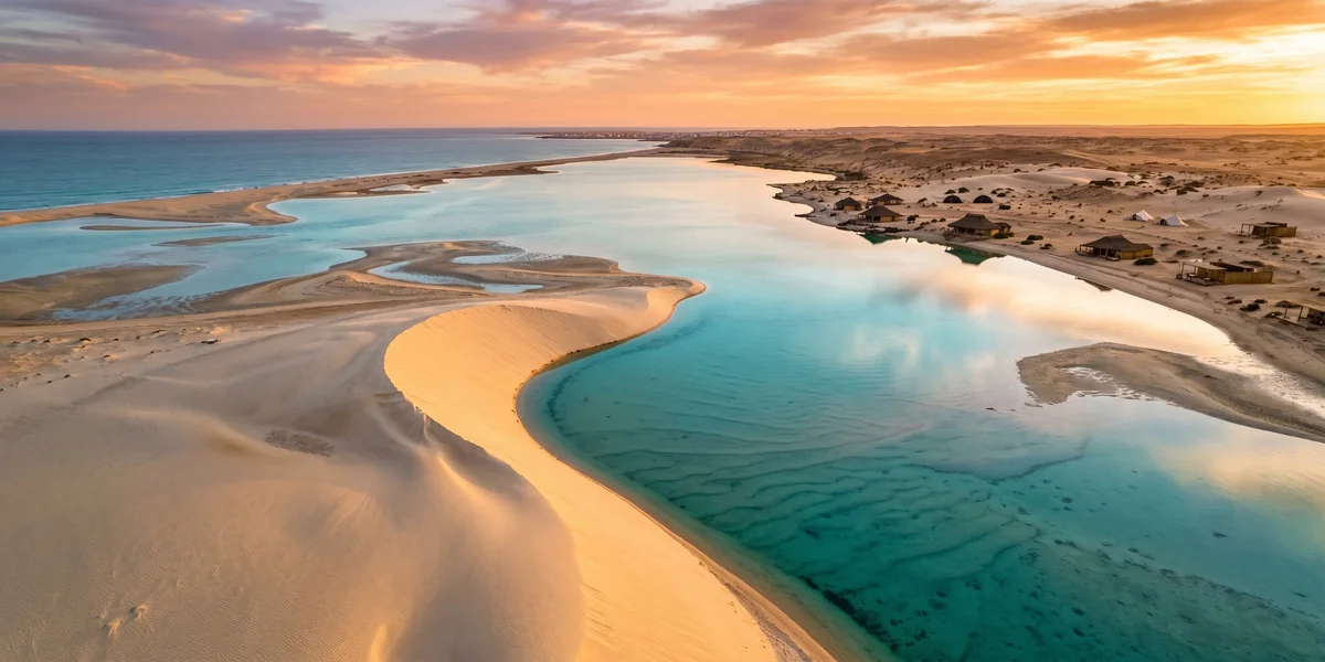 The White Dune of Dakhla where the Sahara desert meets the turquoise lagoon at sunset