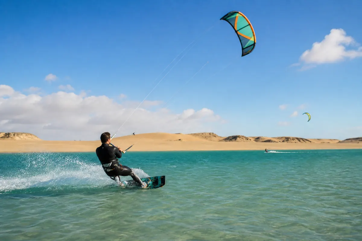 Kitesurfer riding across the turquoise Dakhla lagoon with a colorful kite and desert dunes in the background