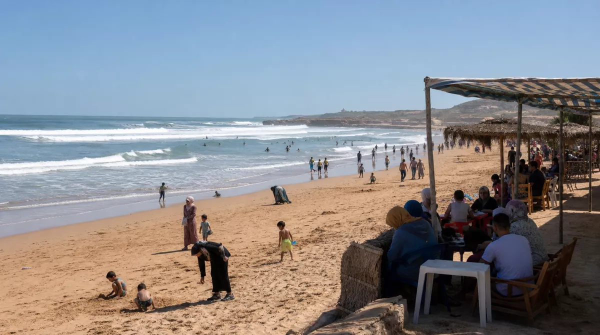 Wide sandy Moroccan Atlantic beach near El Jadida with waves, beach cafes and locals on a bright sunny day