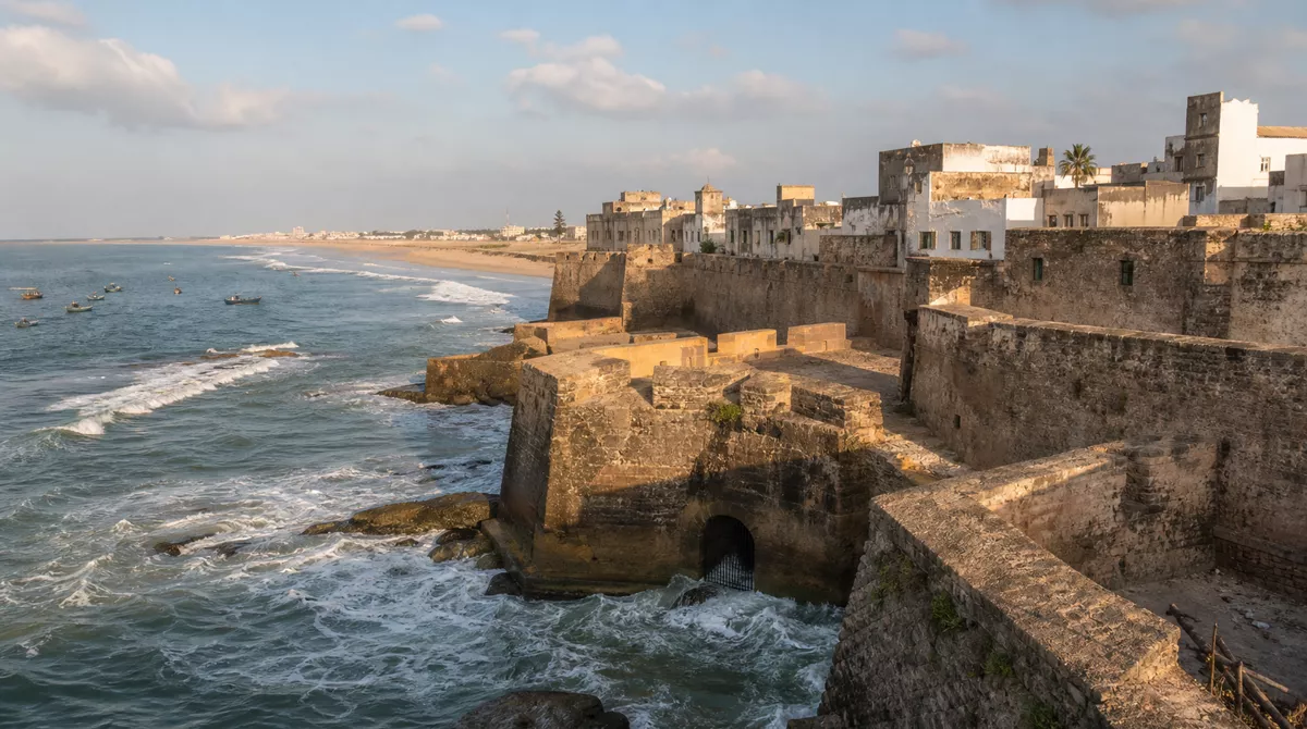 El Jadida Portuguese star-shaped citadel ramparts overlooking the Atlantic ocean with whitewashed walls in golden light