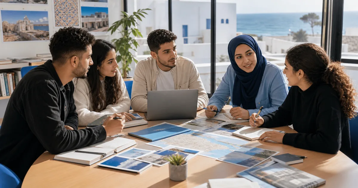 Campus de l'École Supérieure de Technologie d'Essaouira sur la route d'Agadir, avec ses bâtiments modernes face à l'océan Atlantique et la médina au loin