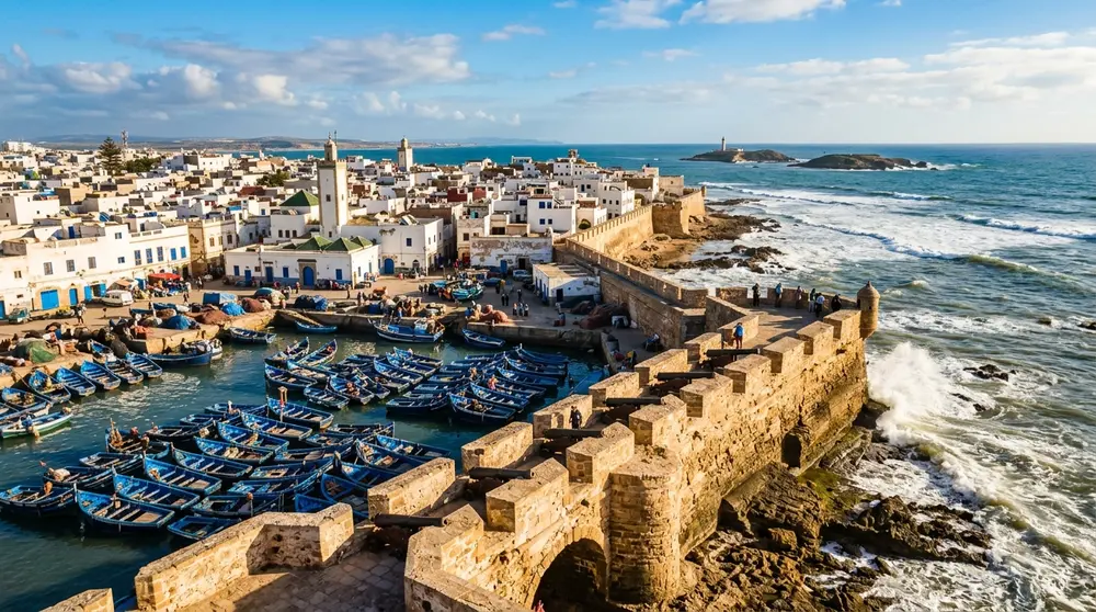 Essaouira medina view from the Skala de la Ville ramparts overlooking the Atlantic port with blue fishing boats