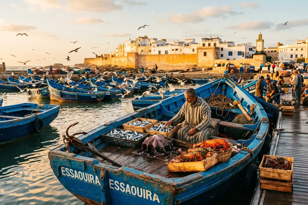 Essaouira food scene featuring a plate of grilled sardines with lemon at a port-side restaurant in the Wind City
