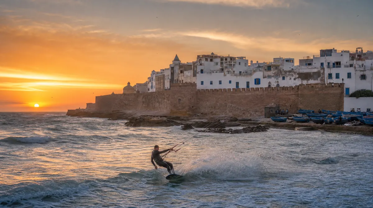 Le port d'Essaouira au coucher du soleil avec ses barques bleues, les remparts et les canons de la Skala de la Ville sur l'Atlantique