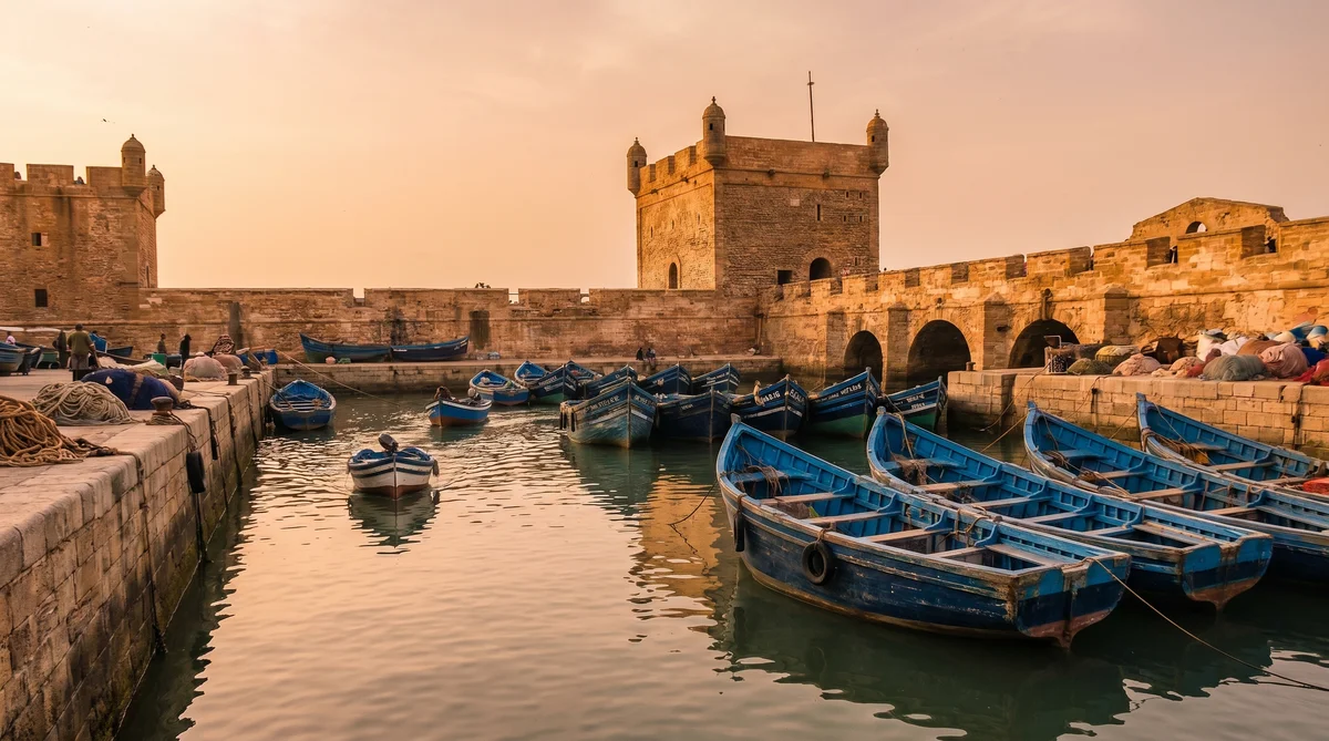Blue fishing boats at Essaouira harbour, wind city, Morocco Atlantic coast