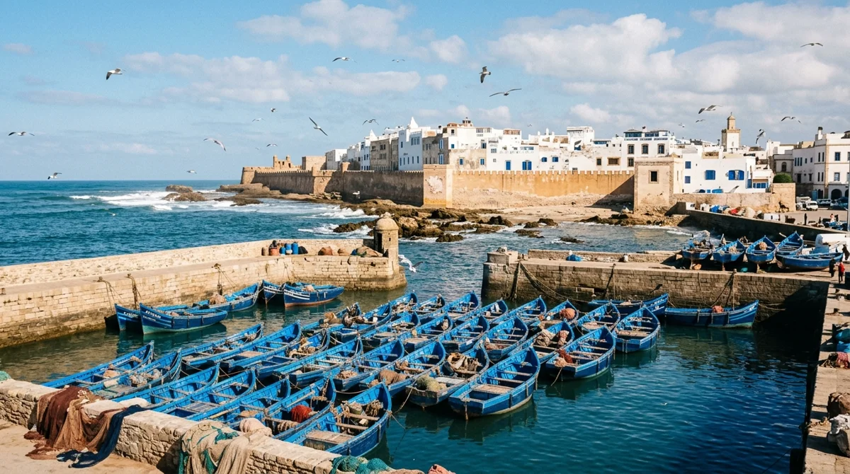 Essaouira harbor view with blue fishing boats, historic ramparts, and the Atlantic Ocean under sunny sky
