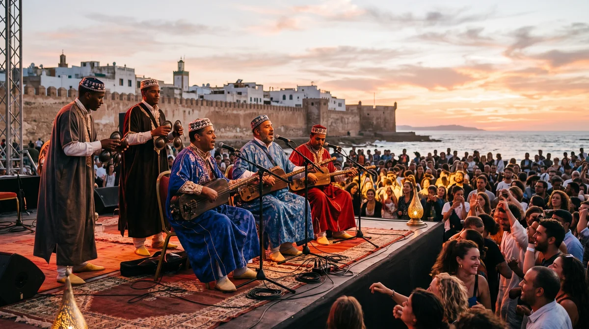 Gnaoua musicians performing on stage at the Gnaoua Festival in Essaouira, Morocco, with traditional robes, guembri, and krakebs under warm stage lights