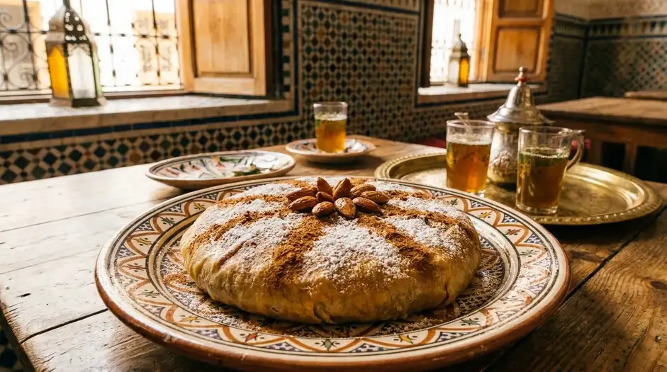 Fassi pastilla with cinnamon sugar almonds and golden pastry layers on traditional Moroccan table