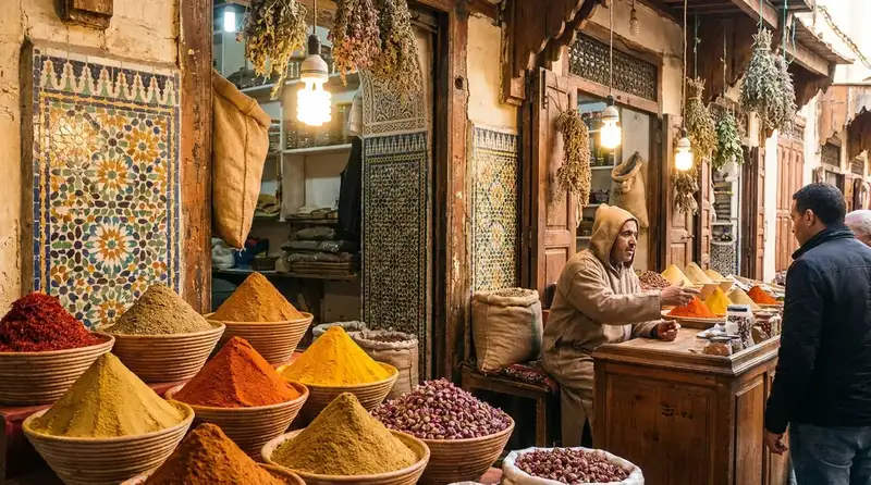 Colourful spice display at a Fes souk with cones of turmeric, paprika, cumin, and saffron