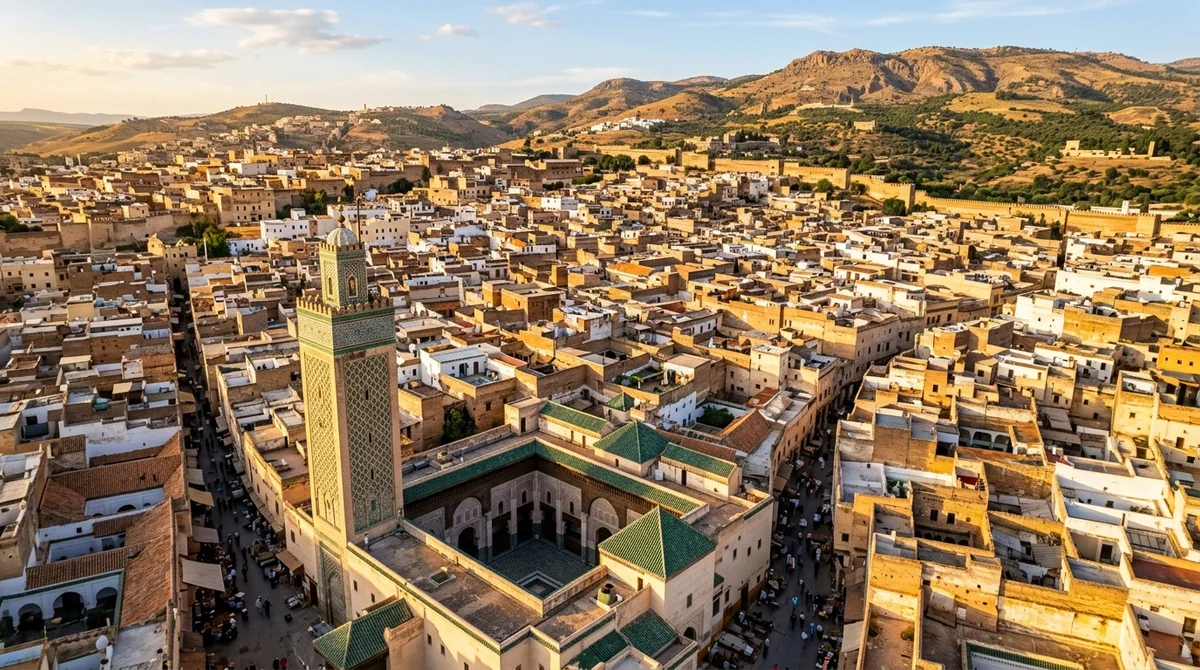 Aerial view of the Fes el-Bali medina rooftops in Morocco at golden hour — orange tiled rooftops stretching to the hills
