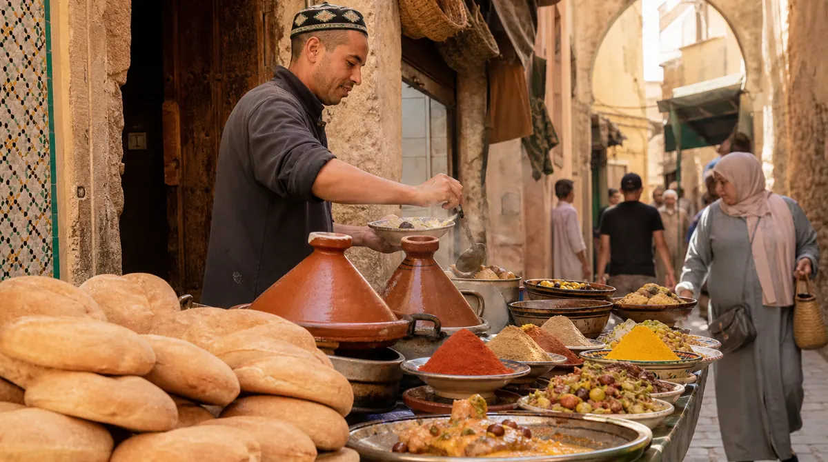 Street-food stall inside the Fes medina — steaming tagines, fresh khobz bread and vibrant spice mounds served by a local vendor in a narrow stone alley