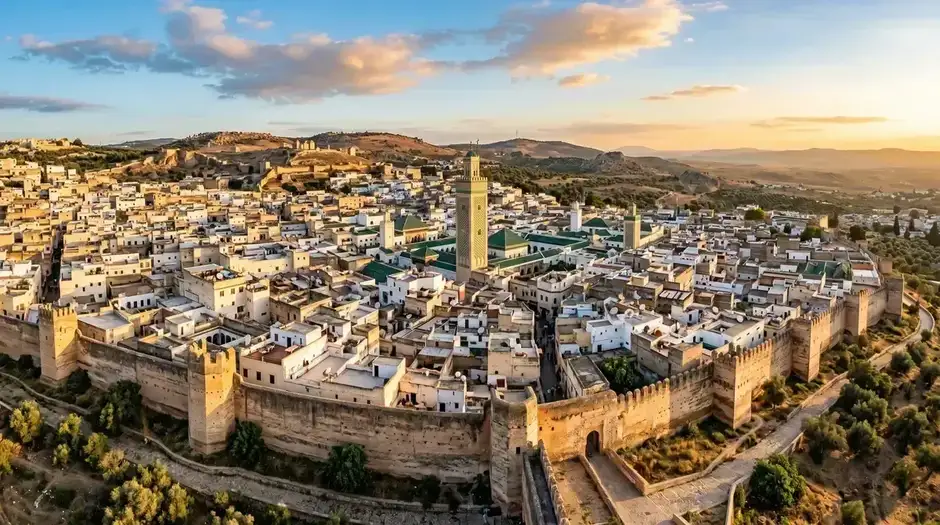 Panoramic view of the Fes el-Bali medina with the Merinid Tombs on the hill overlooking the ancient city at golden hour