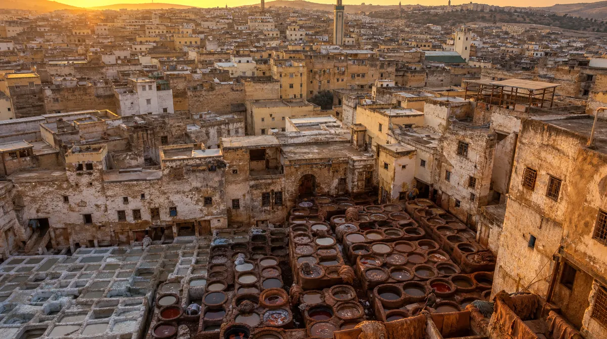 Vue des toits de la médina de Fès au coucher du soleil, avec le minaret de la médersa Bou Inania et les ruelles labyrinthiques de Fès el-Bali