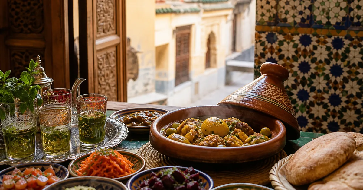 Terrasse de restaurant sur les toits de la médina de Fès au coucher du soleil, minarets et collines de la ville impériale en arrière-plan