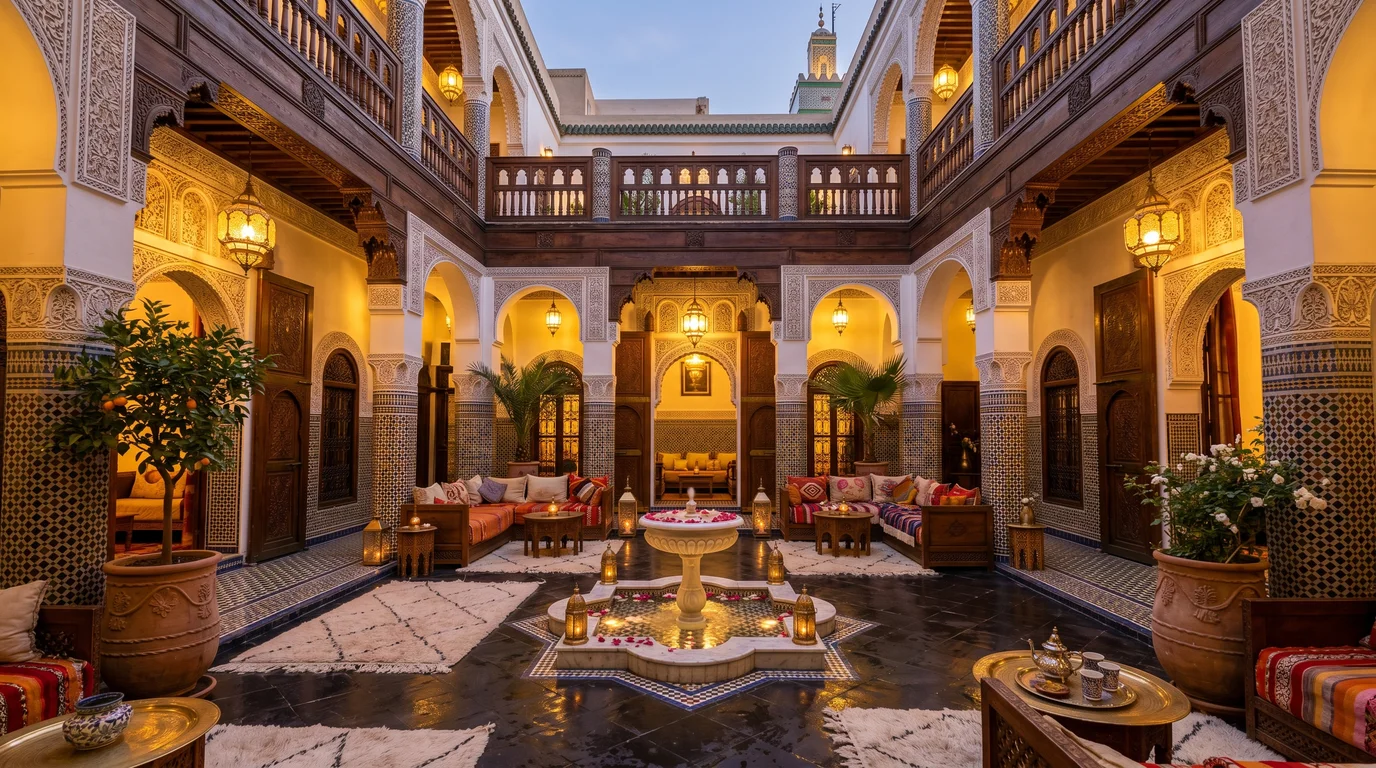 Fes el-Bali medina with traditional riad rooftops showing where to stay in Fes accommodation options