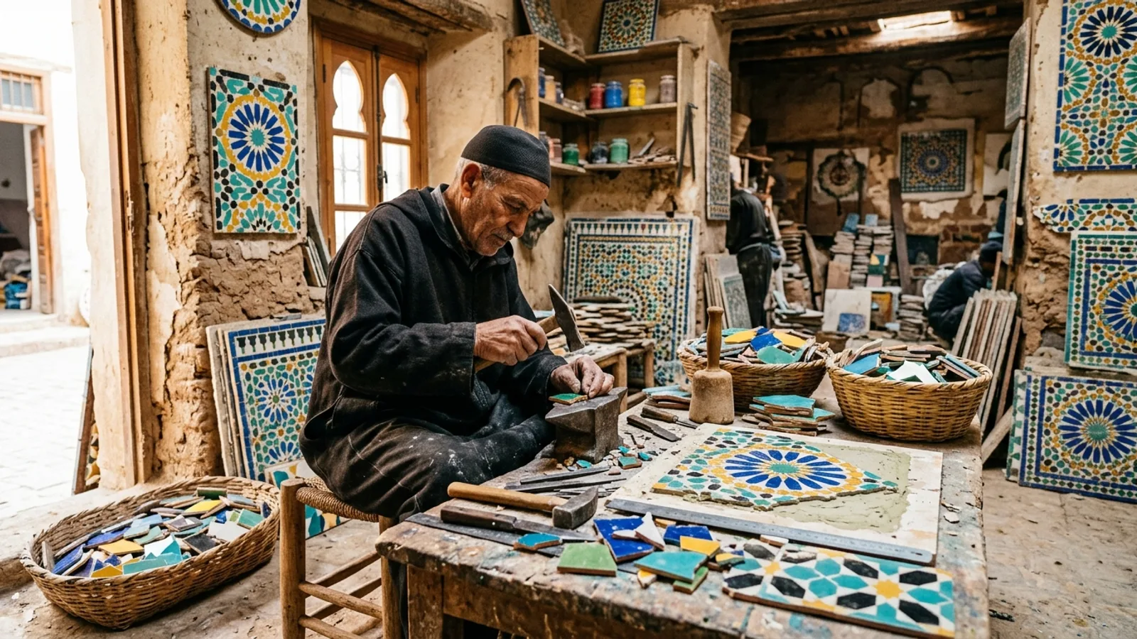 Artisan marocain travaillant le cuivre dans un atelier traditionnel de la médina