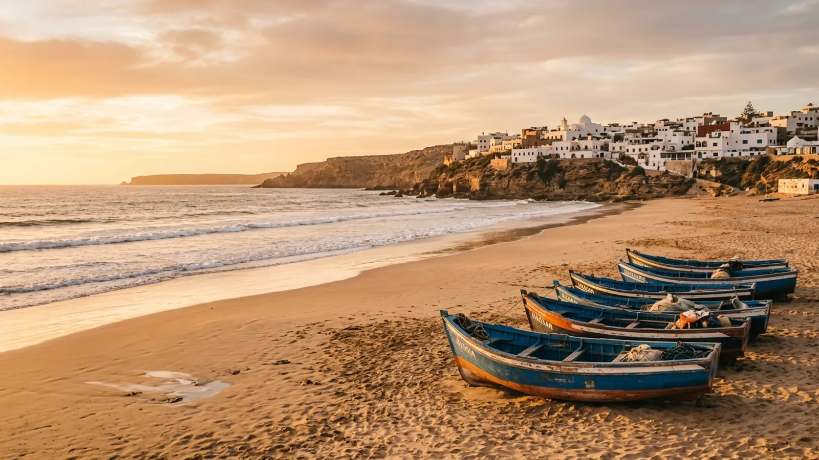 Plage marocaine avec vagues et montagnes en arrière-plan coucher de soleil