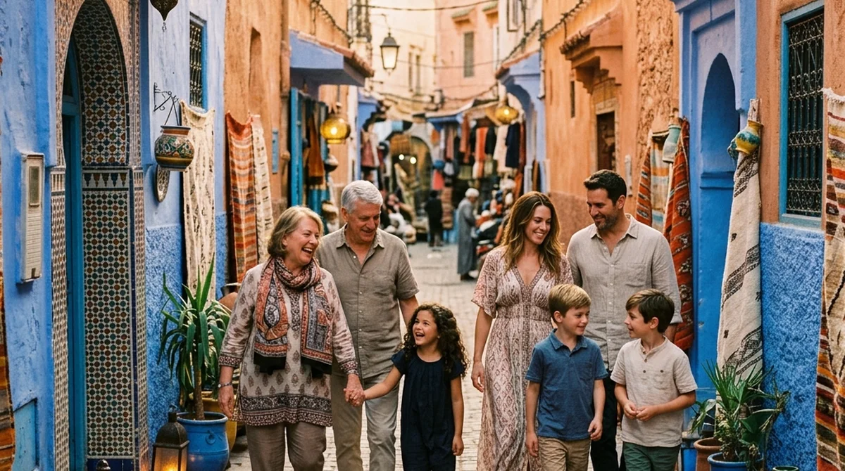Multigenerational family exploring a Moroccan medina, grandparents and grandchildren together