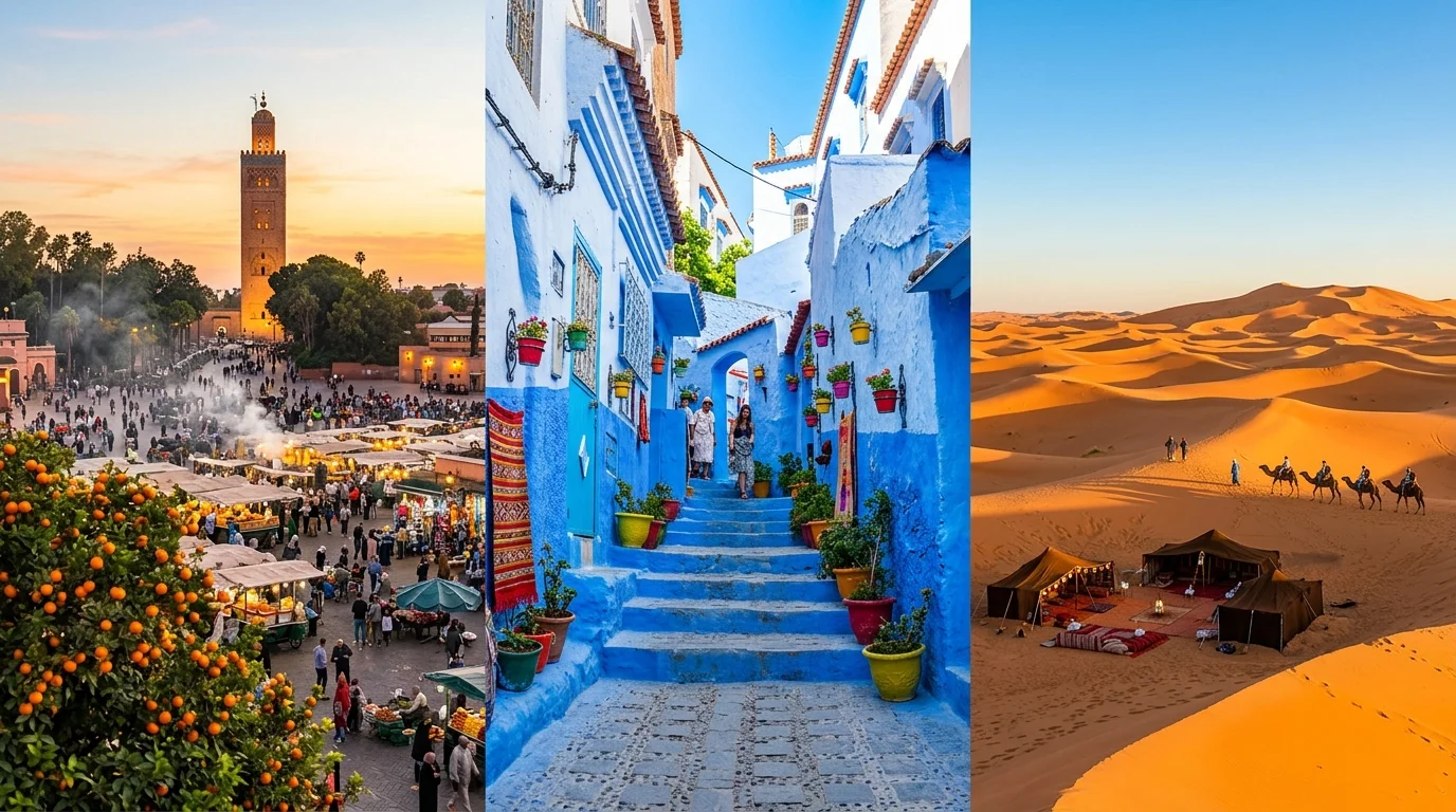 Morocco seasonal travel guide showing Marrakech medina in spring, Chefchaouen in summer, and Sahara desert camp in fall
