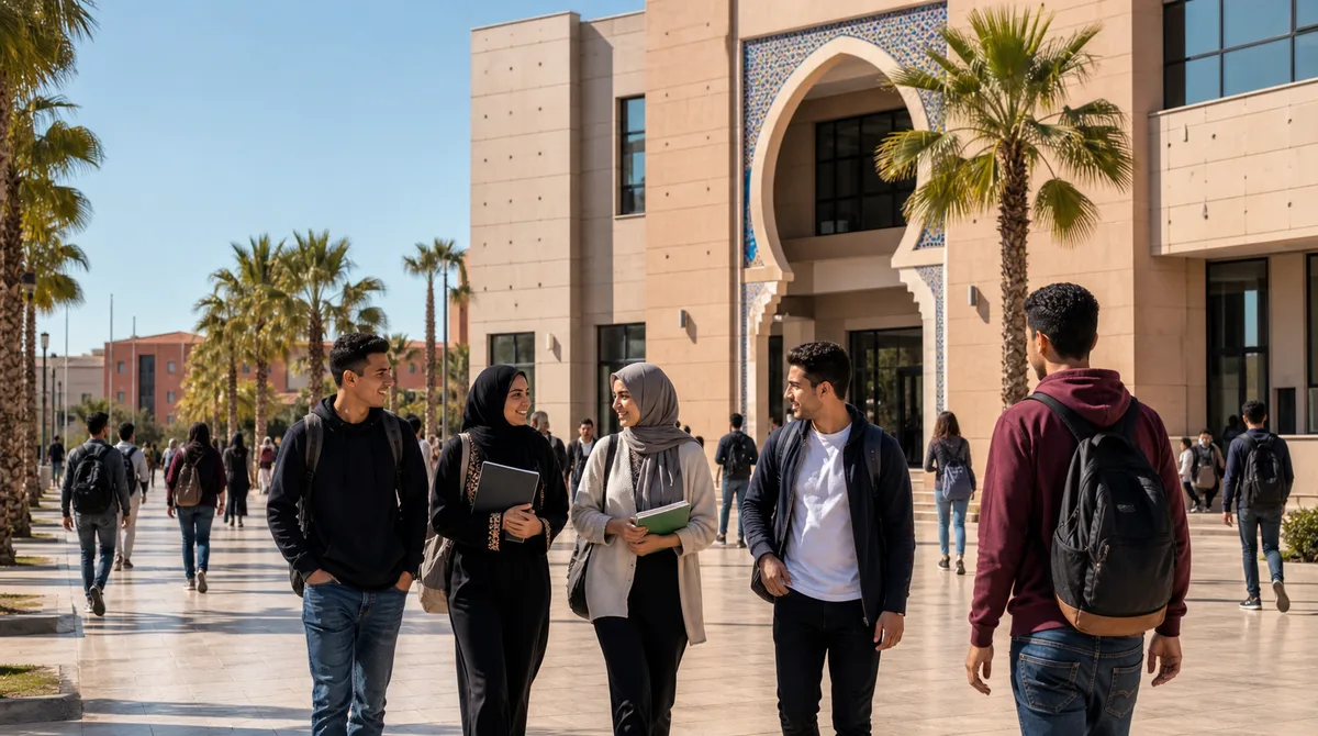 Étudiants marocains dans une bibliothèque universitaire moderne, lumière naturelle, campus au Maroc