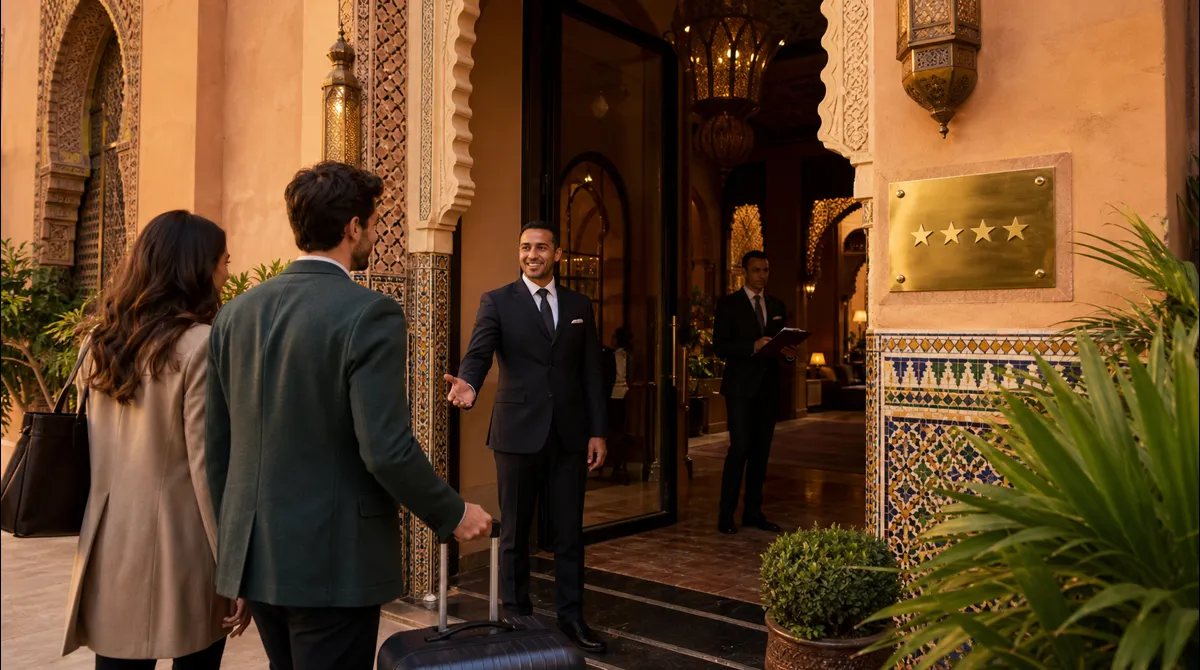 Façade d'un hôtel classé au Maroc avec étoiles de classement hôtelier, symbole de la réforme du classement et des visites mystères à partir de mai 2026