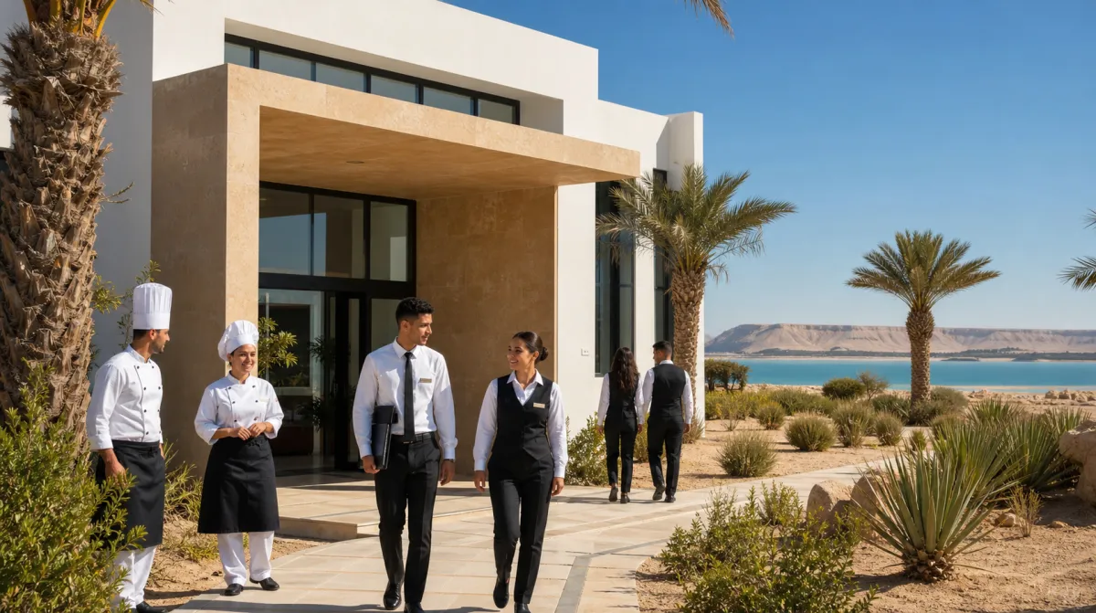 Bâtiment moderne de l'Institut Spécialisé de l'Hôtellerie et du Tourisme de Dakhla, avec ses ateliers de formation et l'hôtel pédagogique, sous le ciel lumineux de la lagune