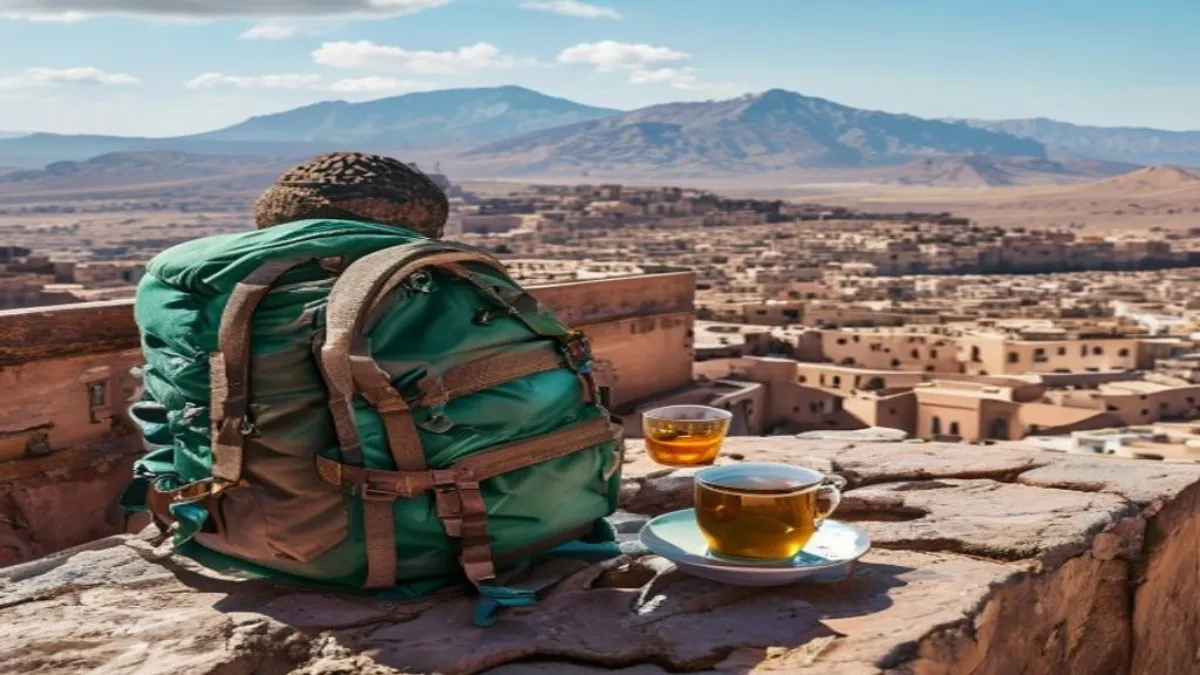 Voyageur français comptant des dirhams marocains dans un riad traditionnel avec patio et zelliges