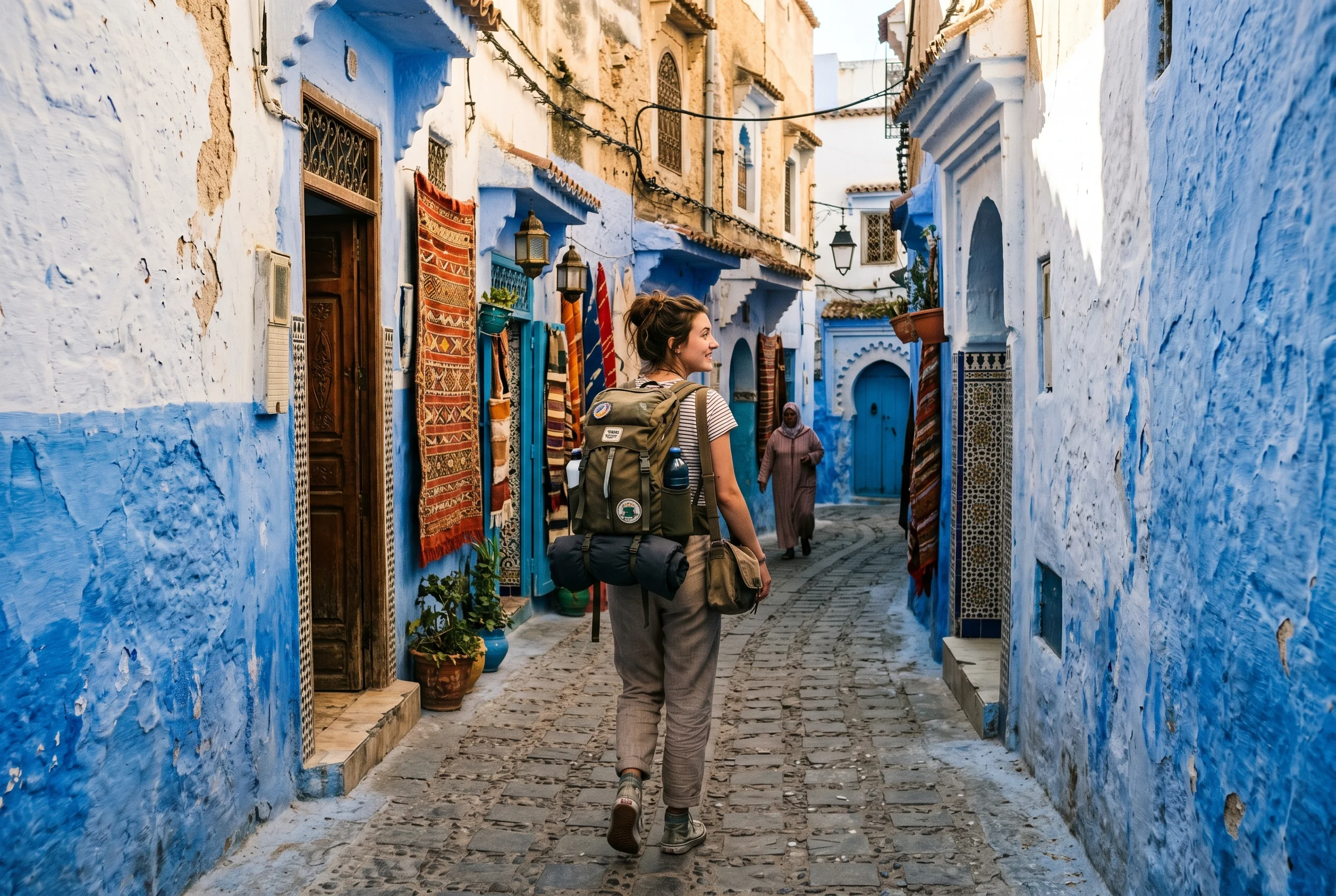 Budget traveler exploring Moroccan medina with backpack