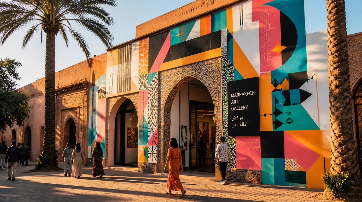 Façade colorée d'une galerie d'art contemporain à Marrakech, fresque murale de street art et promeneurs admirant les œuvres dans la lumière dorée du soir
