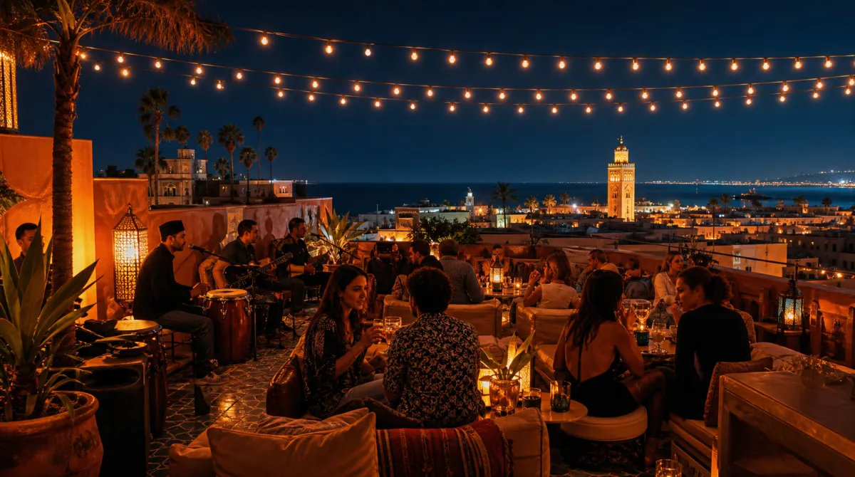 Terrasse de bar animée au Maroc le soir, avec vue sur une ville illuminée et l'Atlantique, ambiance chaleureuse et guirlandes lumineuses